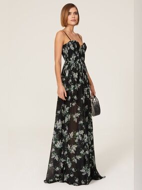 SAU LEE - ANTHROPOLOGIE Black Floral Spaghetti-Strap Maxi Dress size 4